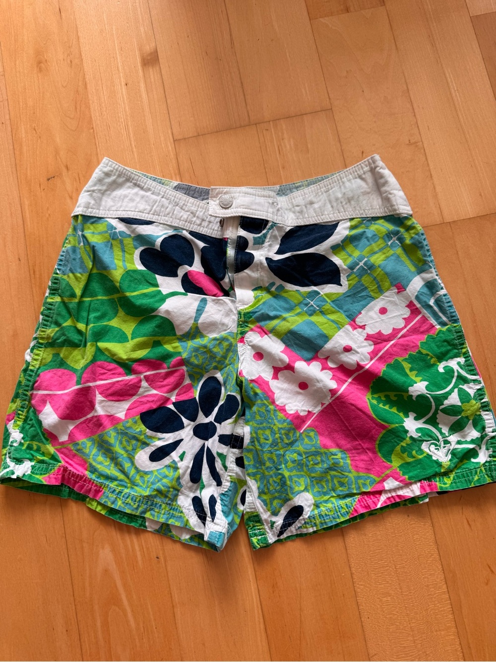 Roxy Floral Swim Shorts in Green, Pink, Aqua